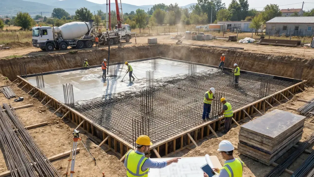 Obreros supervisan el vertido de hormigón en una obra, siguiendo el diseño de estructuras. Camión hormigonera y grúa en acción.