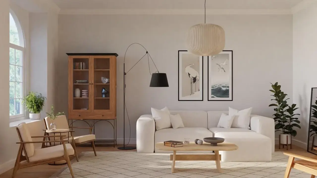 Ein Wohnzimmer im skandinavischen Design-Stil mit beiger Couch, Holzboden und einem Schrank.