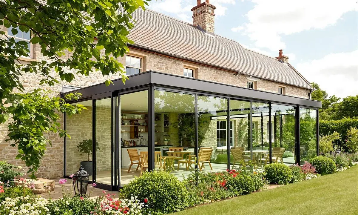 Une élégante veranda en verre s'adosse à une maison en pierre, offrant une vue sur une cuisine et une salle à manger. Le jardin fleuri entoure cette extension moderne.