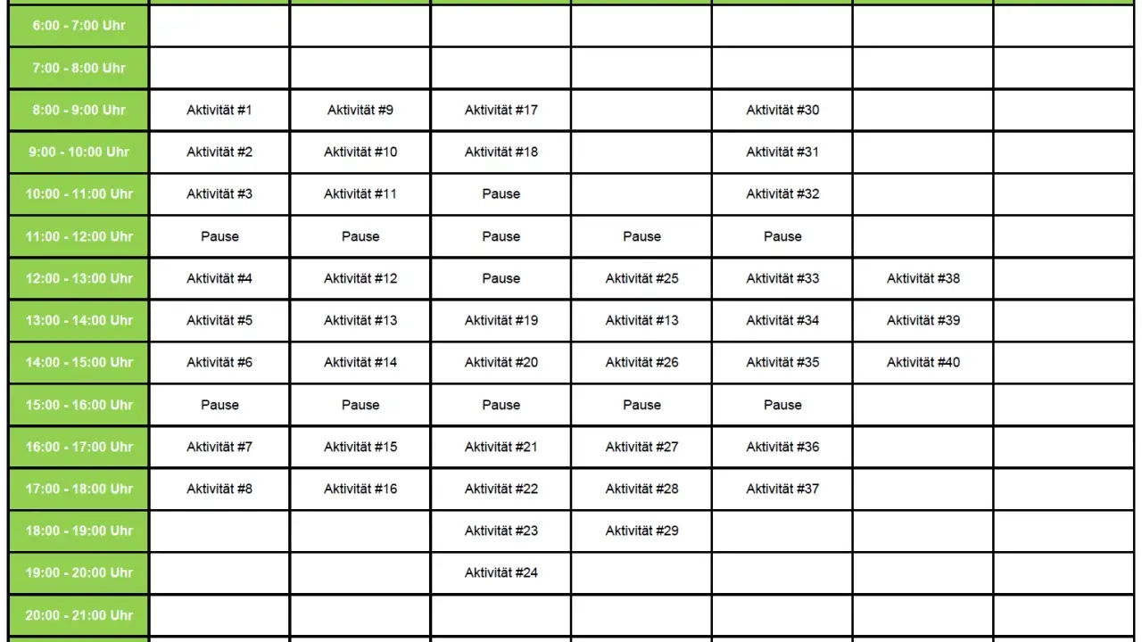 Ein detaillierter Wochenplan, der hilft, den Tag zu strukturieren. Hier kann man seinen persönlichen lernplan erstellen und Aktivitäten sowie Pausen eintragen.