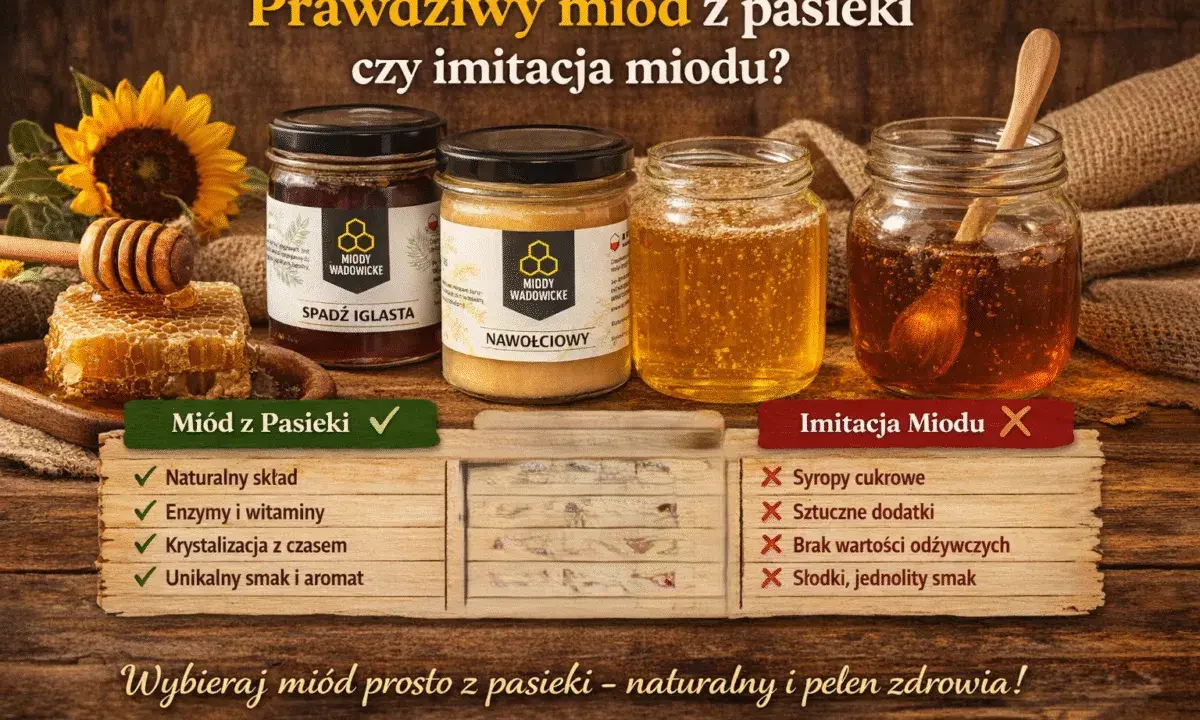 Jak rozpoznać prawdziwy miód? Porównanie miodu z pasieki i imitacji: naturalny skład, enzymy, krystalizacja, smak vs. syropy, dodatki, brak wartości.