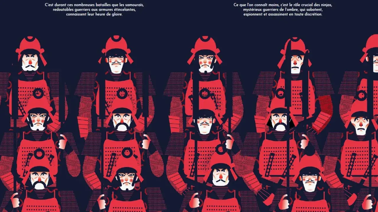 Rangée de samouraïs en armure rouge vif, visages expressifs, évoquant l'esprit du voilier samouraï.