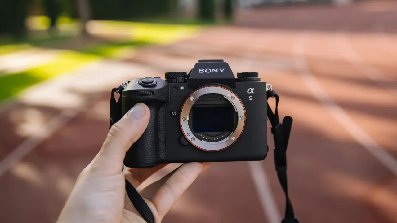 Dłoń trzyma aparat Sony Alpha 9 z obiektywem. Jego zaawansowany **global shutter** pozwala na uchwycenie dynamicznych scen bez zniekształceń.