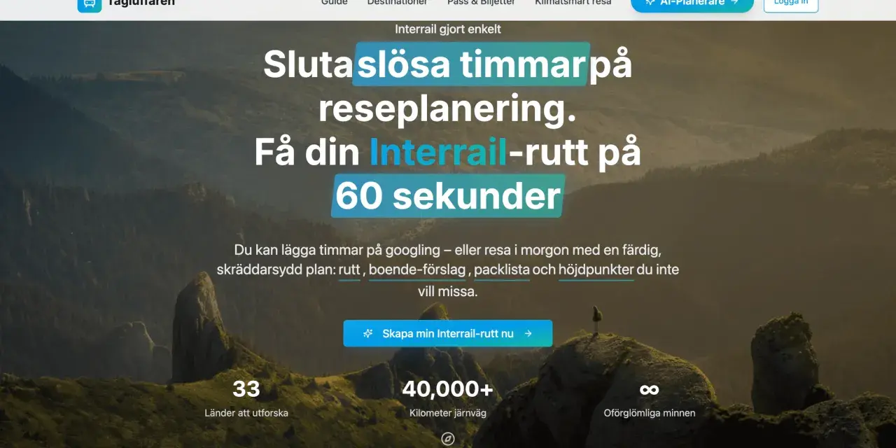 Planera din interrail europa-resa på 60 sekunder. Få en skräddarsydd rutt, boendeförslag och packlista.
