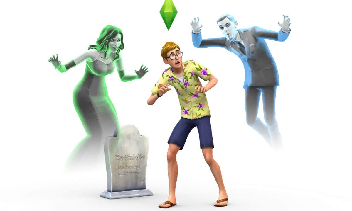 Przerażony Sim w hawajskiej koszuli próbuje dowiedzieć się, jak przywołać ducha w The Sims 4, podczas gdy dwa zjawy groźnie się do niego zbliżają.