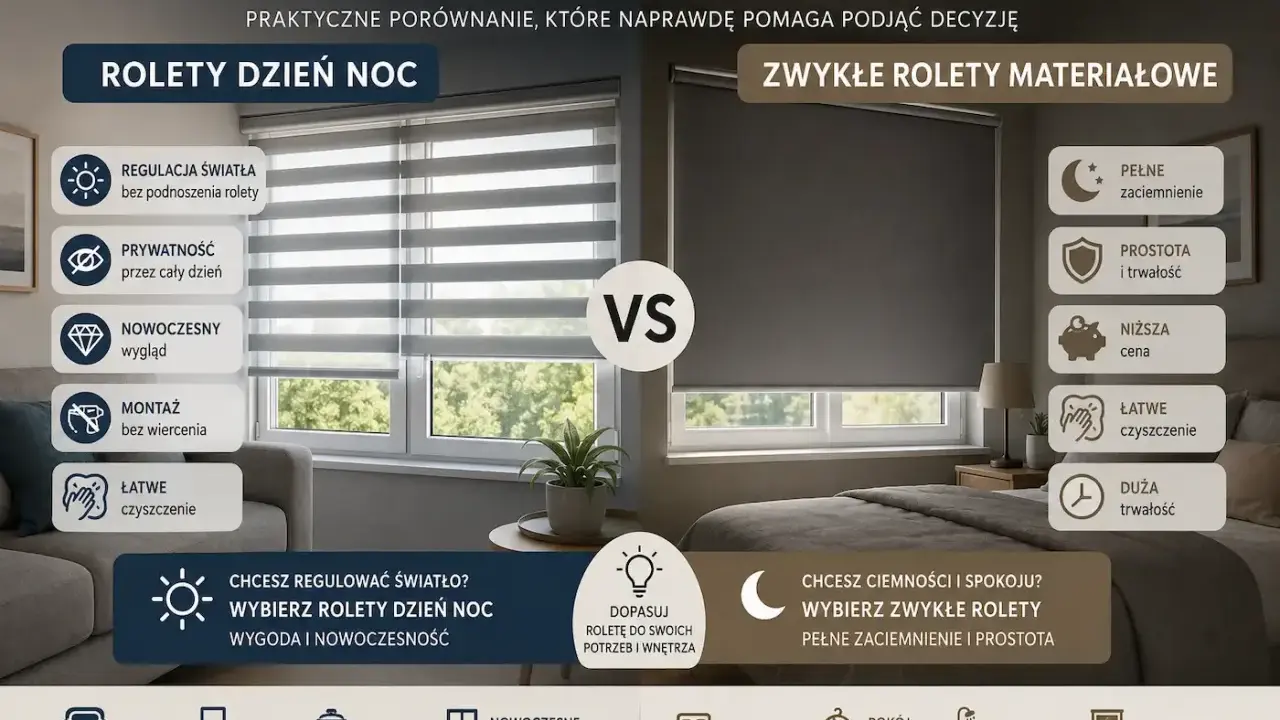 Porównanie rolet dzień noc i zwykłych. Dowiedz się, jak działa roleta dzień noc, zapewniając regulację światła i prywatność.