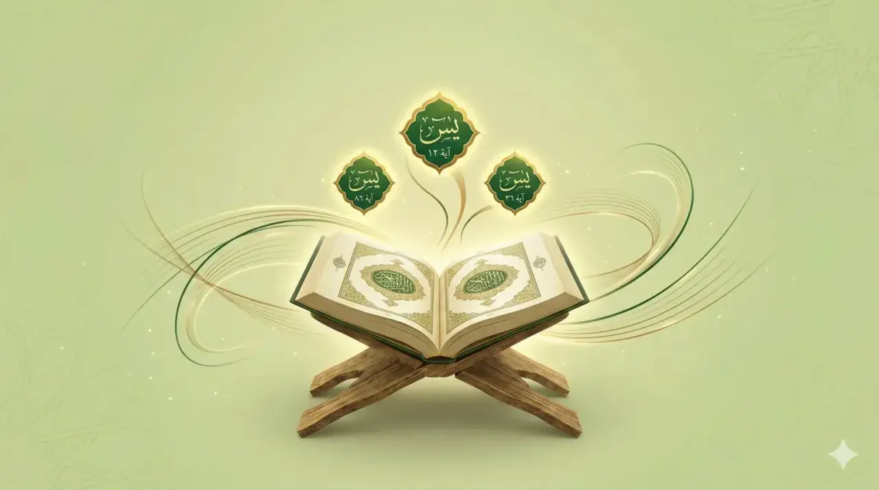 Ein aufgeschlagenes Buch auf einem Holzständer, umgeben von leuchtenden arabischen Schriftzeichen, die an Yasin Suresi 58 Ayet erinnern.