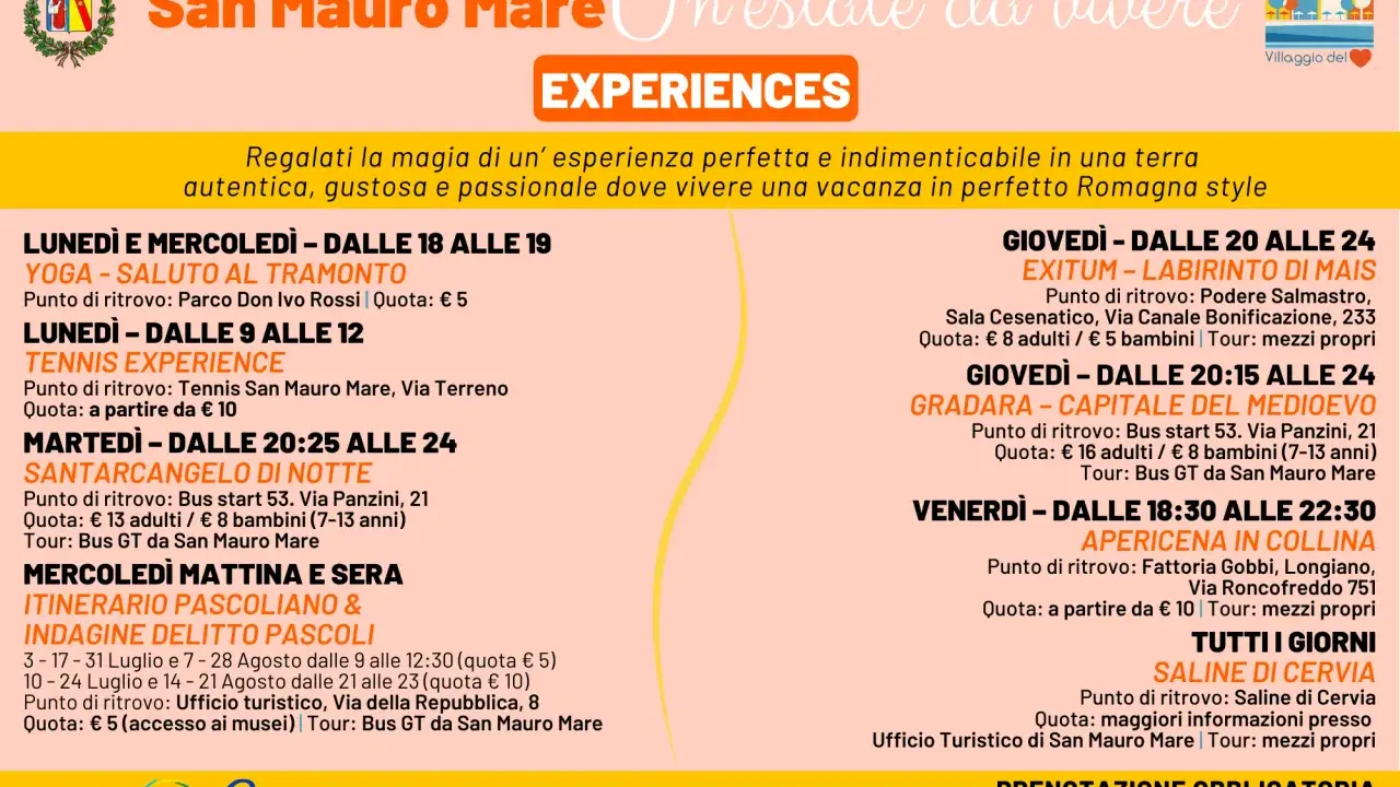 Programma "Experiences" a San Mauro Mare: yoga, tennis, escursioni e apericena per un'estate indimenticabile.