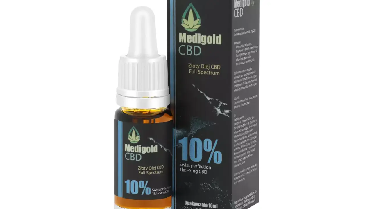 Olejek CBD Medigold pomógł mi odzyskać spokój. Złoty olej Full Spectrum 10% w szklanej buteleczce z pipetą.