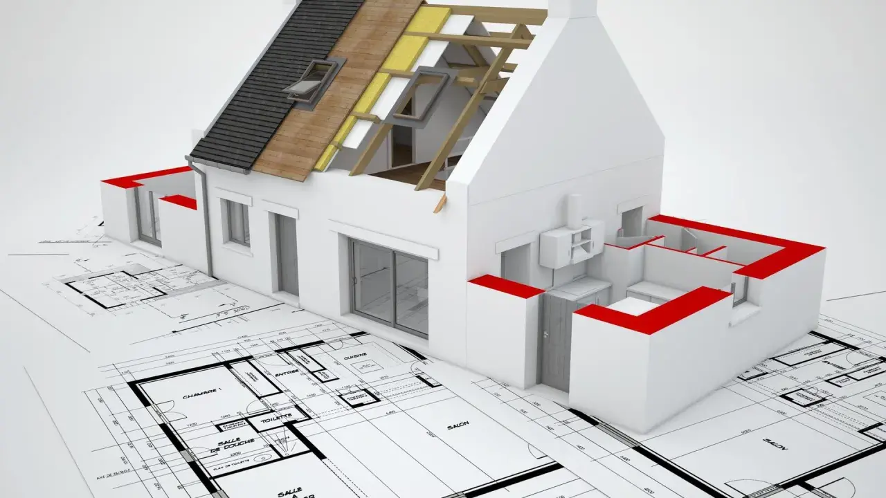 Model domu na planach architektonicznych, ukazujący zmiany istotne prawo budowlane. Izolacja dachu i detale konstrukcyjne.