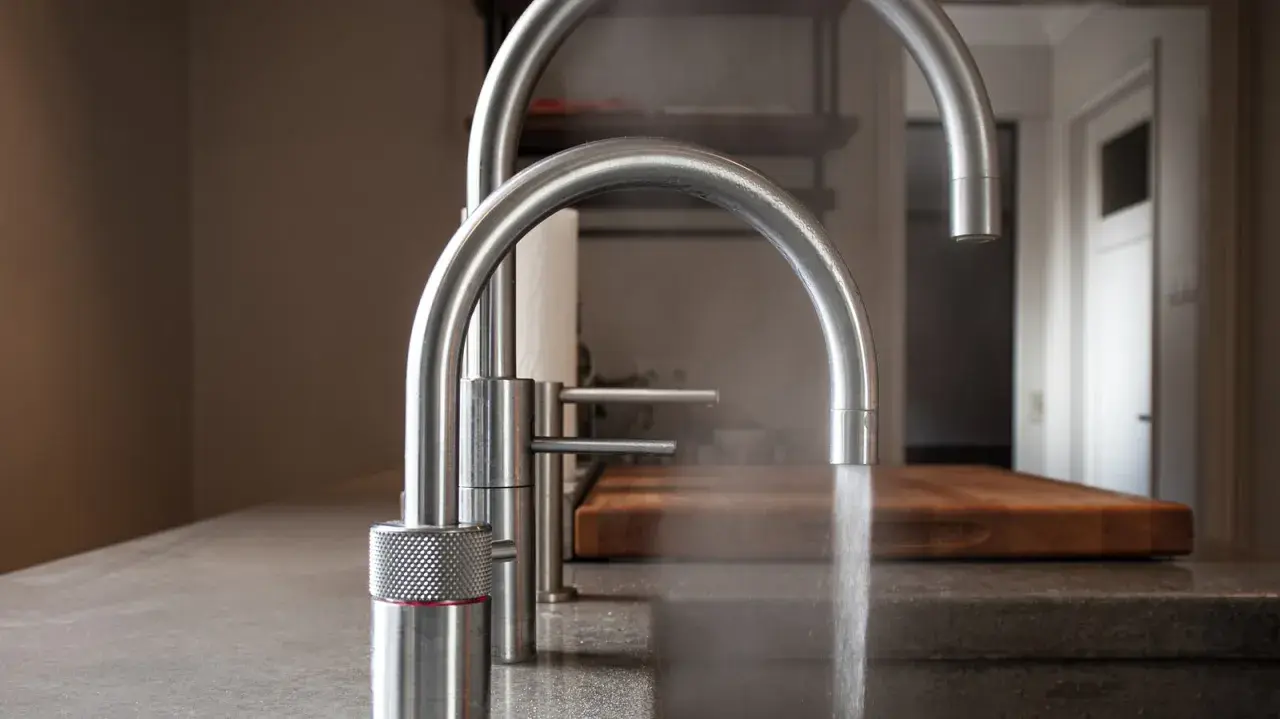 Zwei moderne Küchenarmaturen aus Edelstahl, eine davon mit Dampf. Gute Erfahrungen mit elektrischer Wasserhahn.