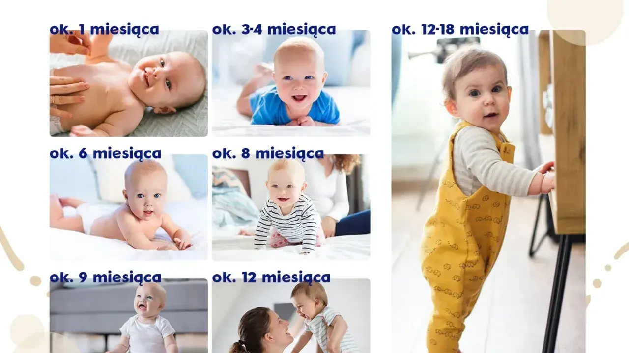 Kalendarz rozwoju dziecka: od niemowlaka do malucha, pokazujący skoki rozwojowe u dziecka w kolejnych miesiącach.