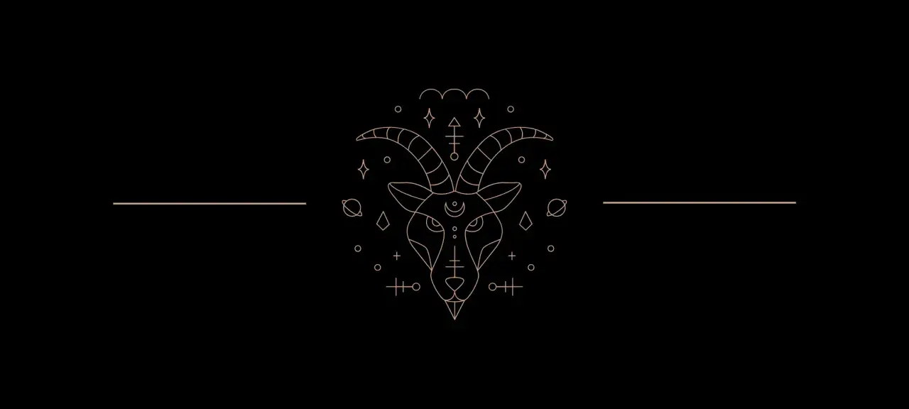 Tête de chèvre stylisée, ornée de symboles cosmiques et astrologiques. Le symbole capricorne, entouré d'étoiles et de planètes, évoque la magie céleste.