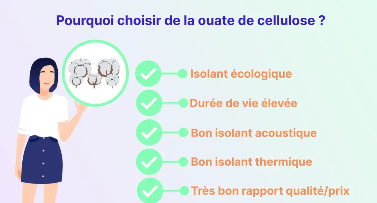 Une femme présente les avantages de la ouate de cellulose : isolant écologique, durable, acoustique, thermique et bon rapport qualité/prix.