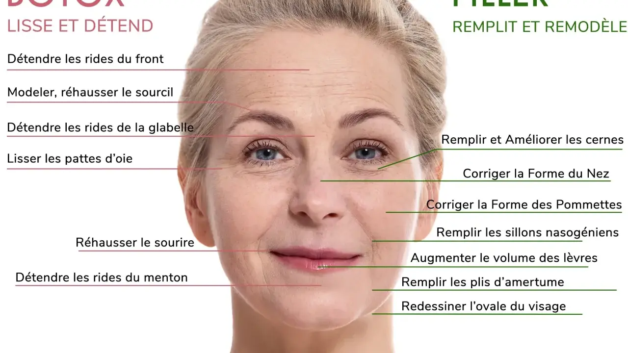 Une femme montre les zones du visage traitées par Botox et Filler. Le sillon nasogénien est une zone ciblée par le Filler pour un effet rajeunissant.