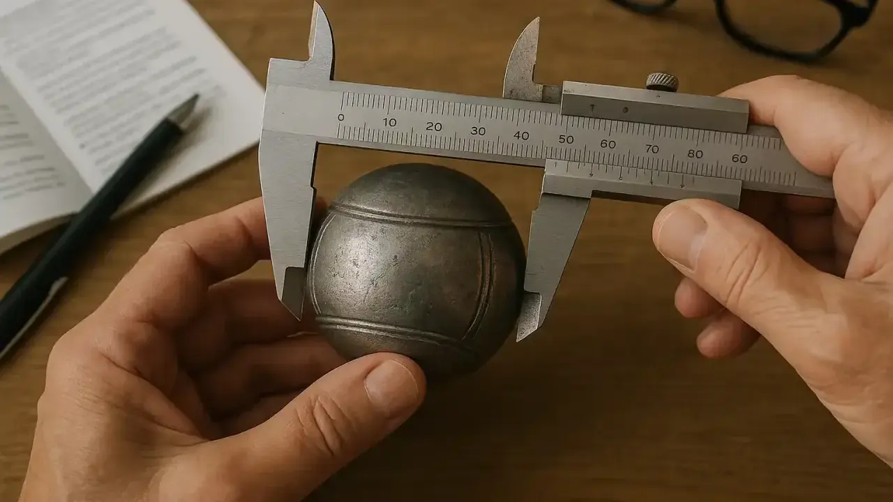 Comment mesurer le diamètre d'une boule de pétanque : un pied à coulisse mesure une boule métallique sur un bureau en bois.