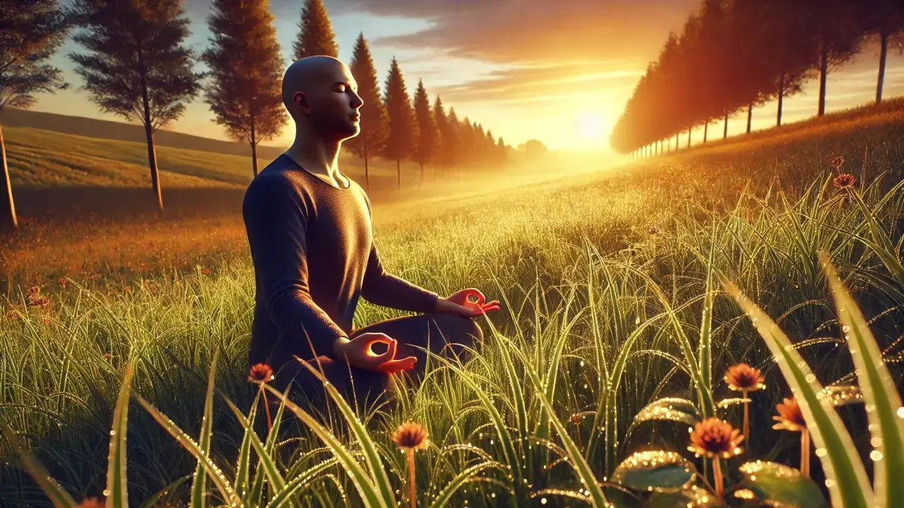 Man i lotusställning i soluppgången, omgiven av daggvått gräs. En stund av mantra meditation i naturens lugn.