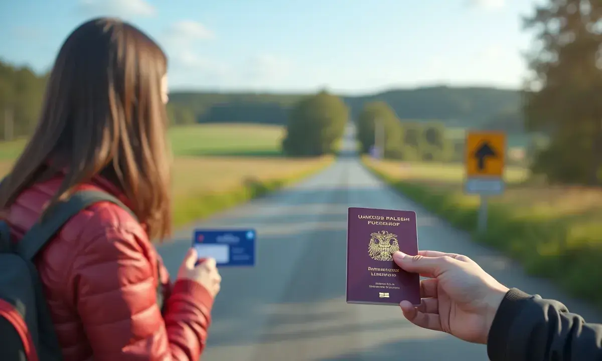 Podróż do Szwecji? Czy do Szwecji potrzebny jest paszport? Kobieta z plecakiem trzyma kartę, a ręka pokazuje paszport.