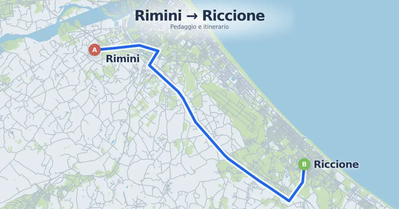 Mappa che mostra la distanza Rimini Riccione con un percorso blu che collega le due città.