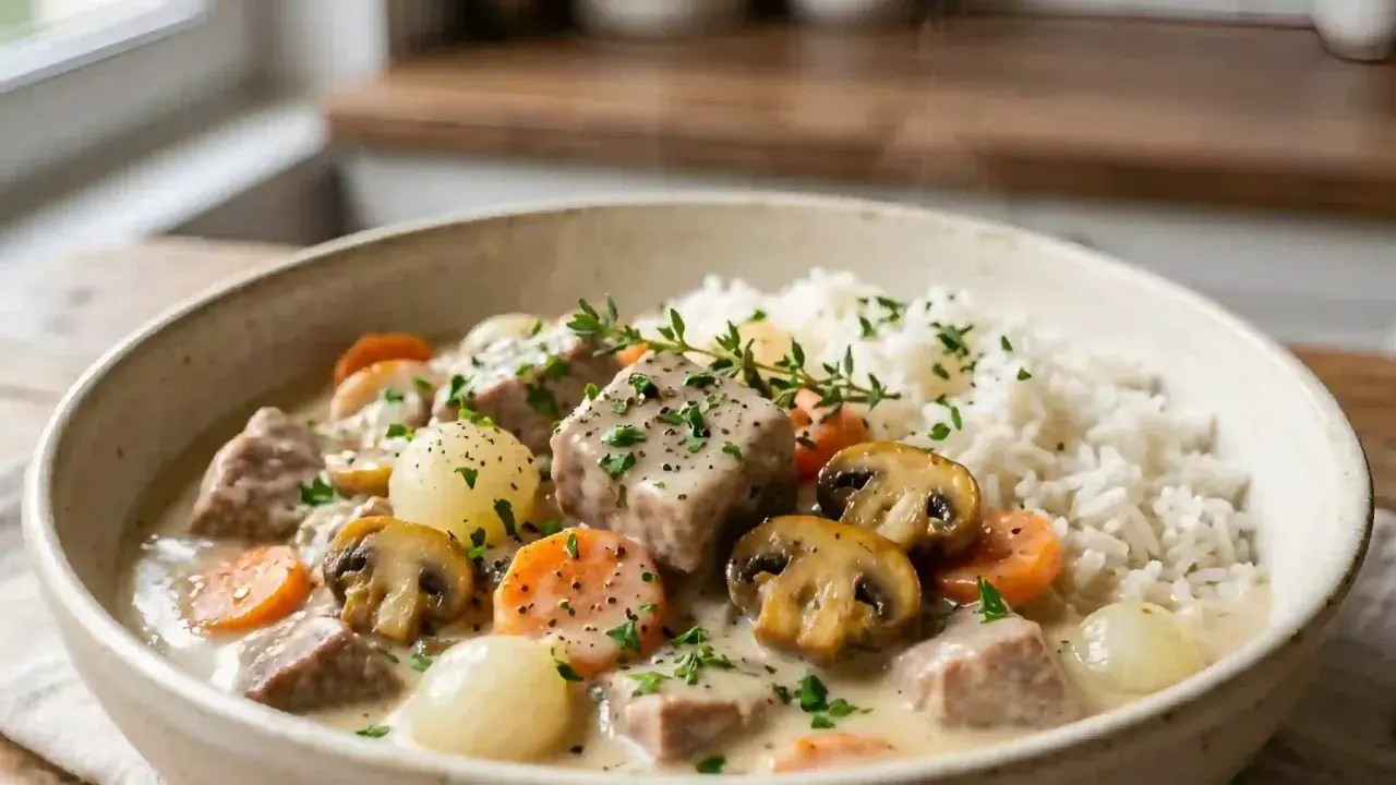Un plat réconfortant de blanquette de veau fondante, avec riz, carottes, champignons et oignons.