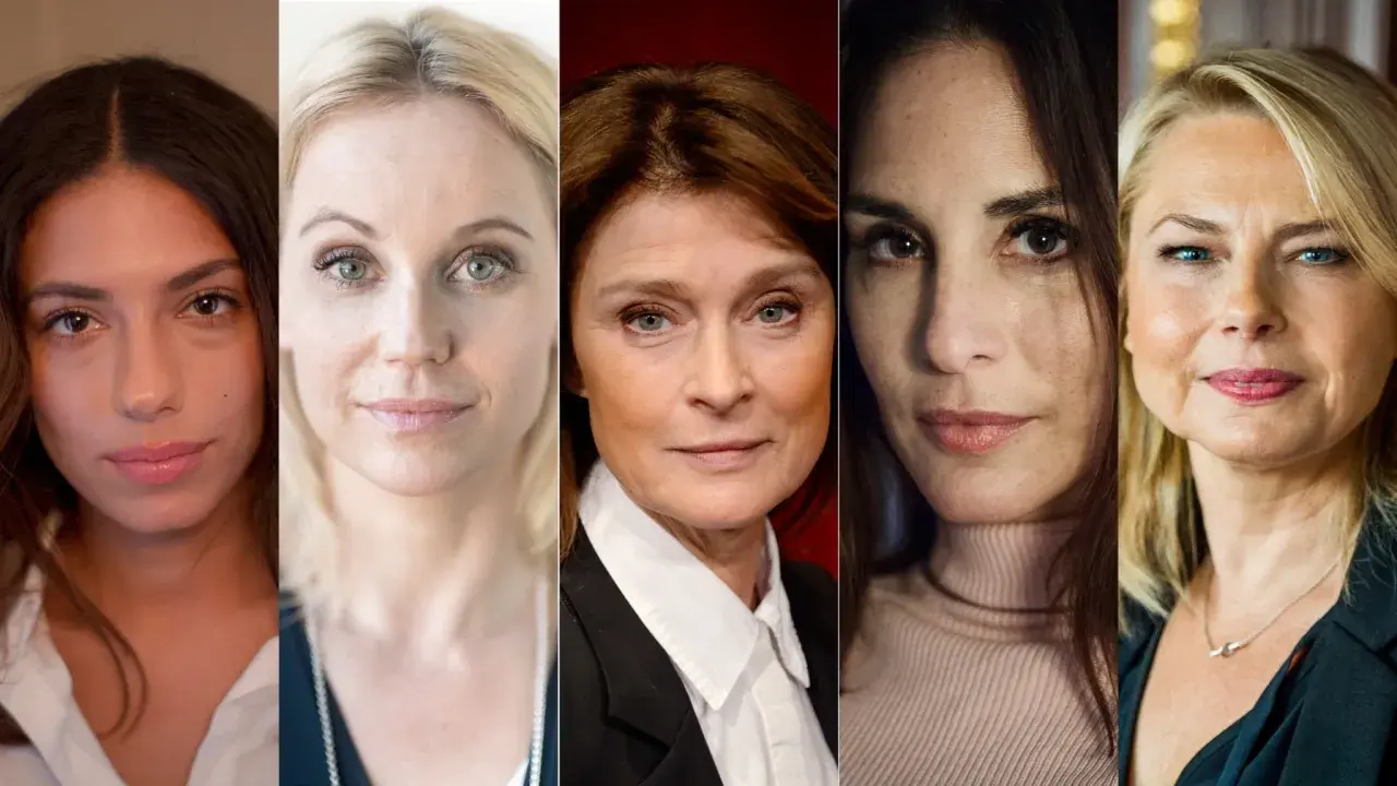 Fem svenska kvinnliga skådespelare i en collagebild. Deras ansikten visas i närbild, med olika uttryck och åldrar.