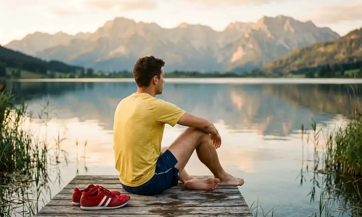 Mann in gelbem Shirt sitzt auf Steg am See, blickt auf Berge. Seine roten Schuhe liegen daneben. Perfekt für die taper week.