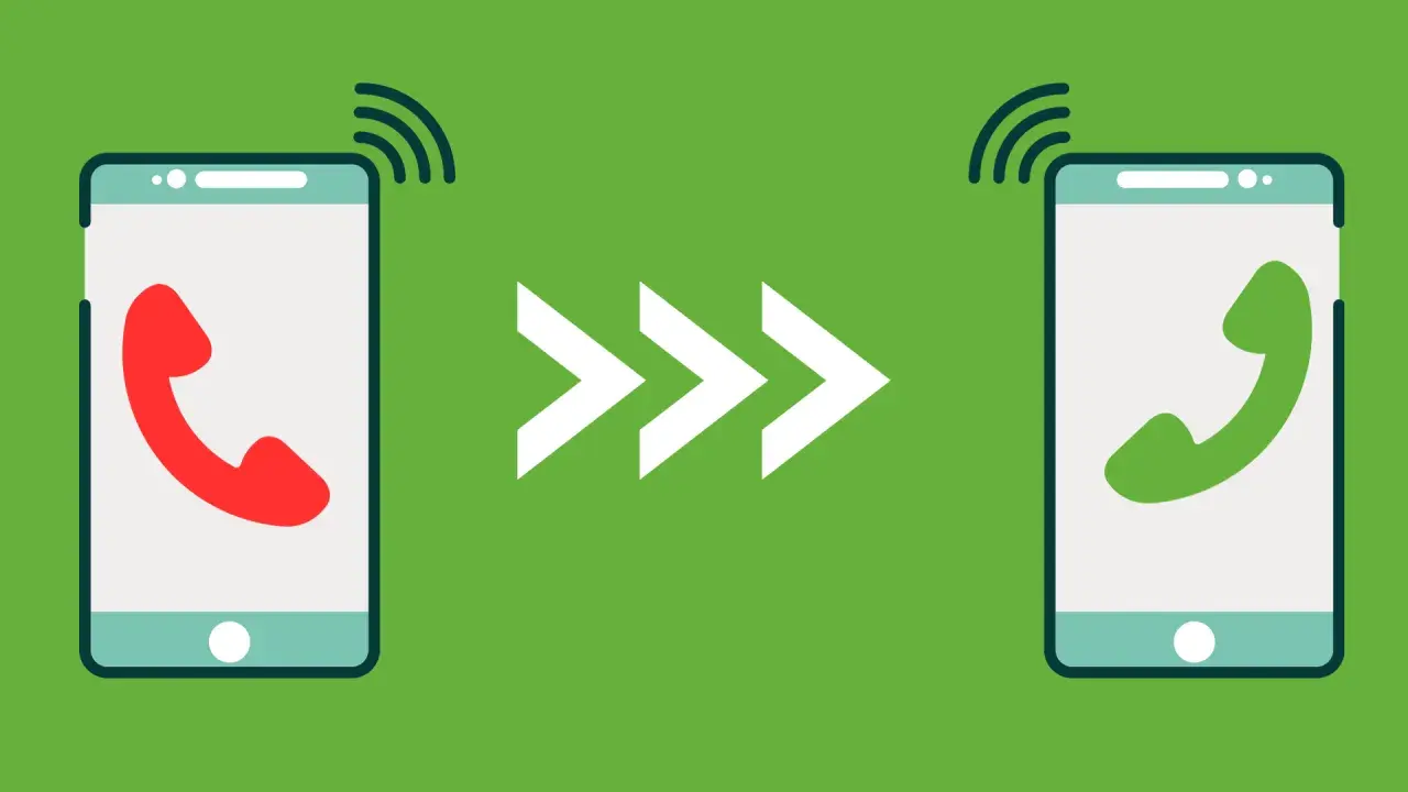 Ilustracja przedstawia dwa telefony, jeden z czerwoną słuchawką, drugi z zieloną, połączone strzałkami. Symbolizuje przekierowanie połączeń motorola.