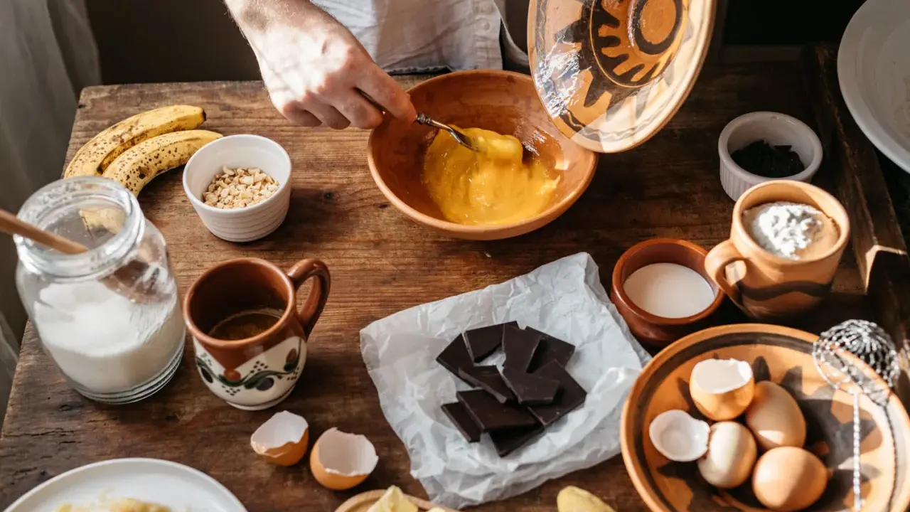Préparation d'une recette avec des ingrédients comme des œufs, des bananes et du chocolat qui ne fond pas.