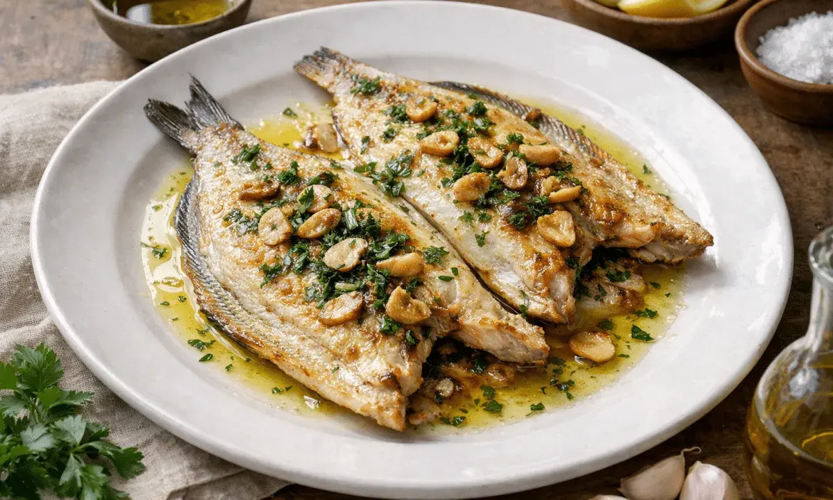 Lubina a la plancha con ajo laminado y perejil fresco, servida en plato blanco con aceite de oliva y limón al lado.