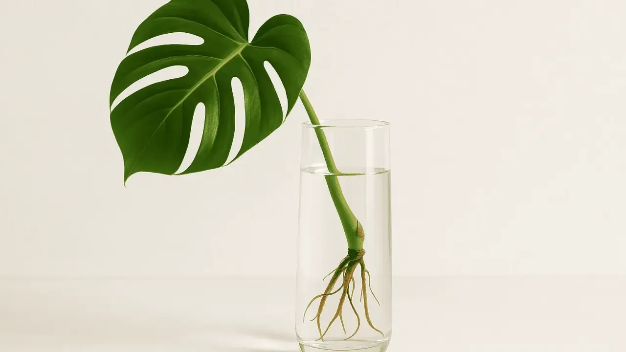 Ein Monstera-Ableger mit Wurzeln in einem Glas Wasser.
