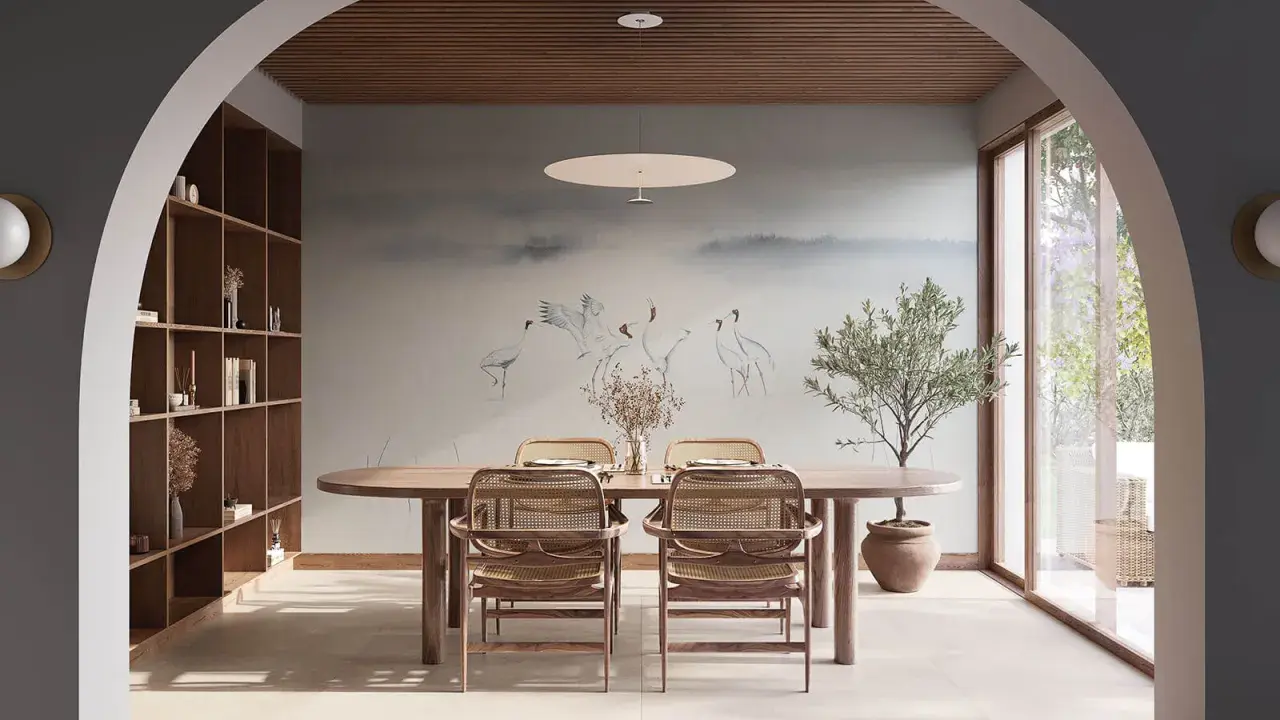 Comedor con mesa de madera, sillas de ratán y mural de grullas, ideal para un ambiente de feng shui comedor sereno y elegante.