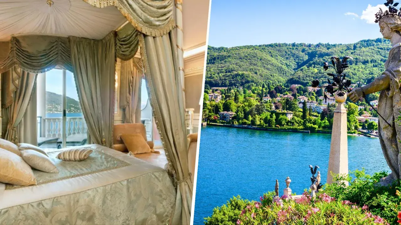 Lussuosa camera da letto con vista sul lago, perfetta per vacanze al lago da sogno. Paesaggio incantevole con ville e vegetazione lussureggiante.