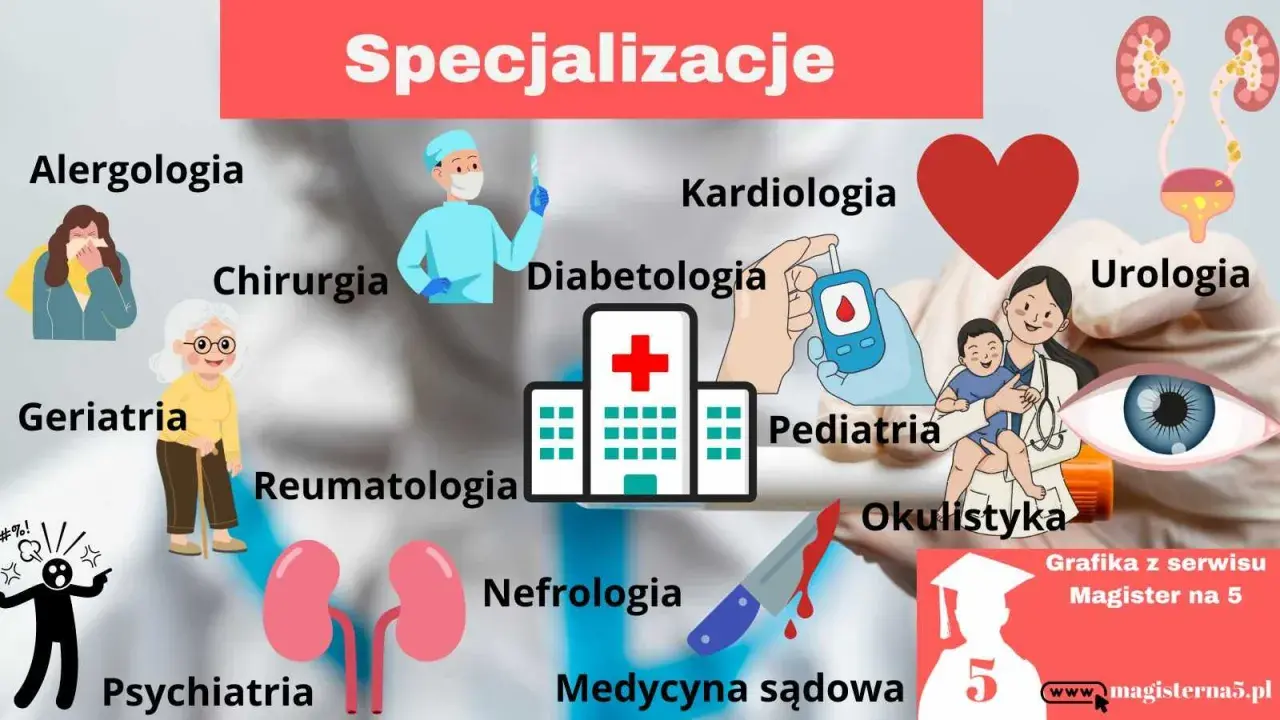 Ilustracja przedstawia różne specjalizacje medyczne, od alergologii po psychiatrię, sugerując ścieżki kariery po studiach dermatologicznych.