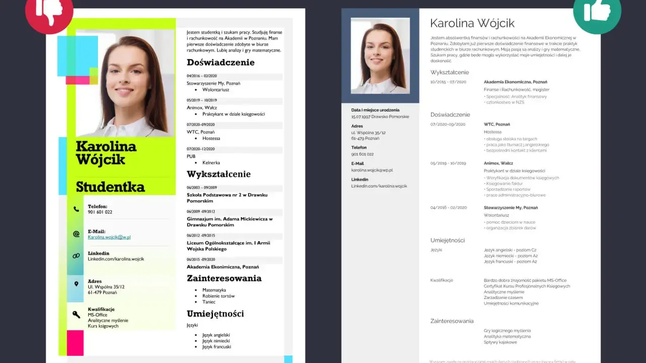 Zdjęcie przedstawia szablon CV studentki z jej zdjęciem i danymi kontaktowymi.