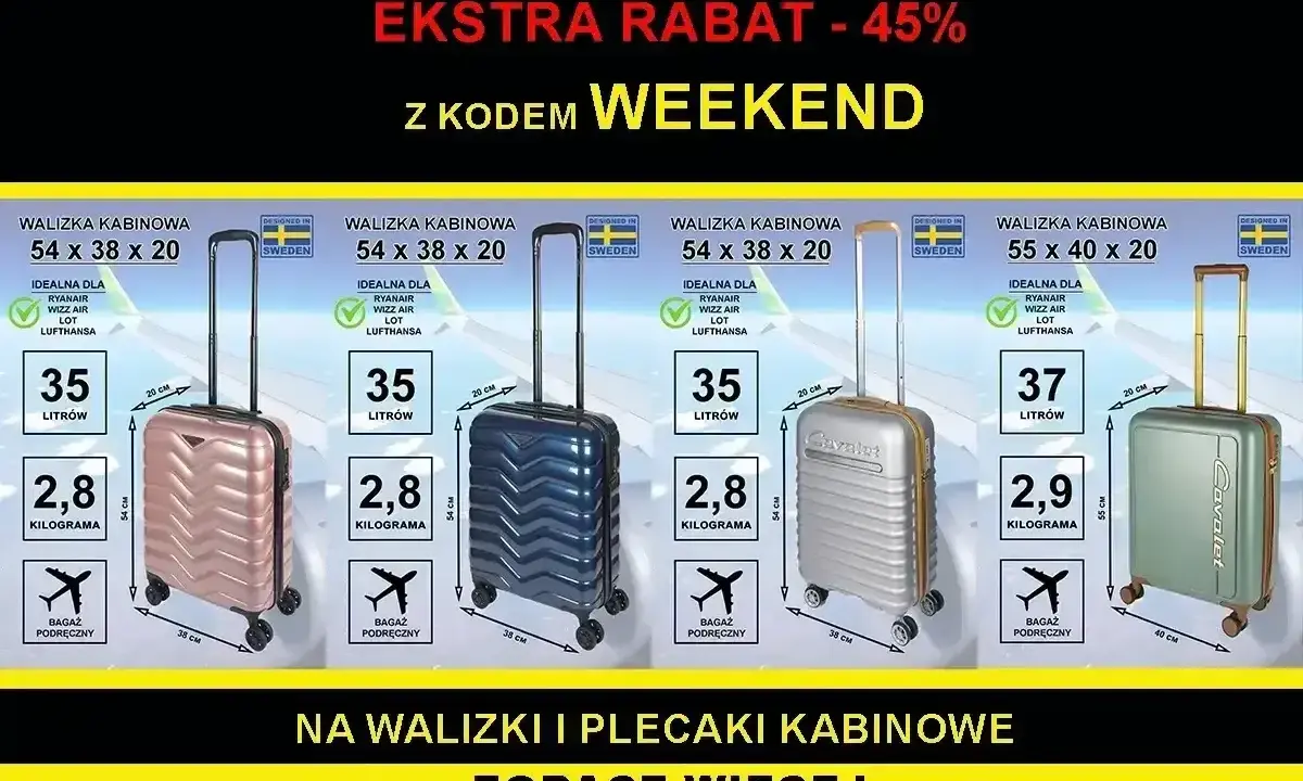 Cztery walizki kabinowe w różnych kolorach (różowa, granatowa, srebrna, zielona) z informacjami o wymiarach i wadze.