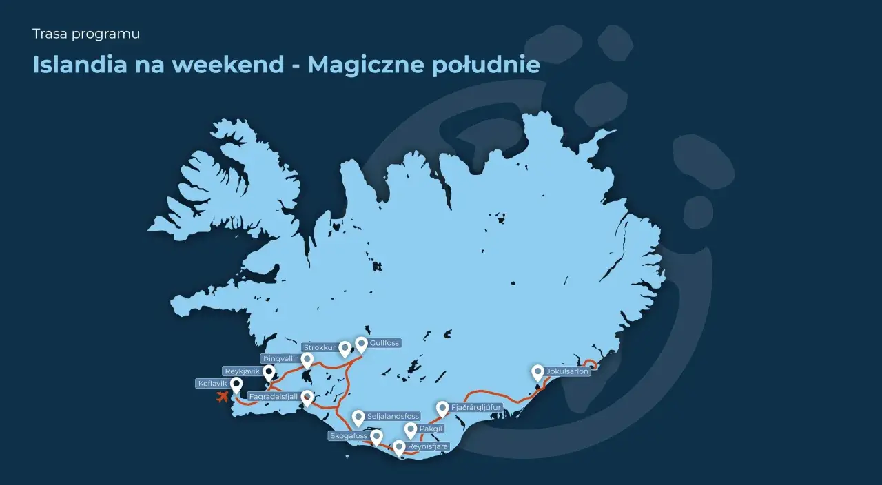 Mapa trasy "Islandia na weekend - Magiczne południe". Zaznaczone punkty: Reykjavik, Gullfoss, Jökulsárlón i inne atrakcje południowego wybrzeża.