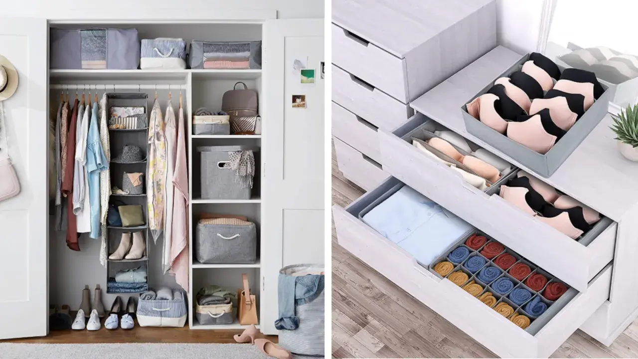Ideas para organizar armarios por dentro: ropa colgada, zapatos, cajones con separadores para lencería y calcetines.