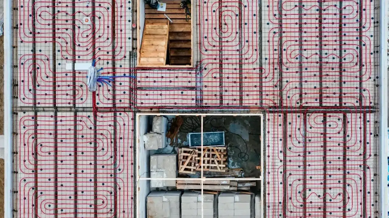 Siatka rur do ogrzewania podłogowego ułożona co 10-15 cm na betonowej płycie fundamentowej. Widoczne schody i materiały budowlane.