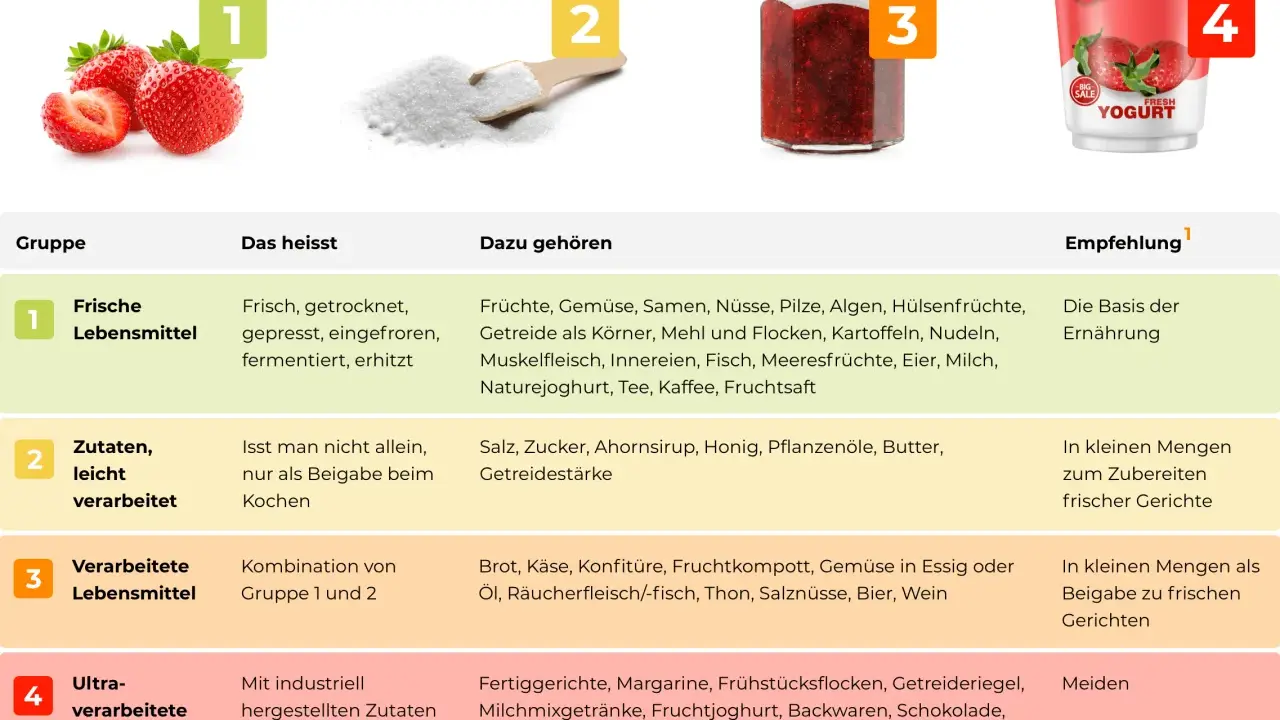 Die Grafik erklärt, was ist fast food: von frischen Lebensmitteln bis zu ultra-verarbeiteten Produkten, die man meiden sollte.