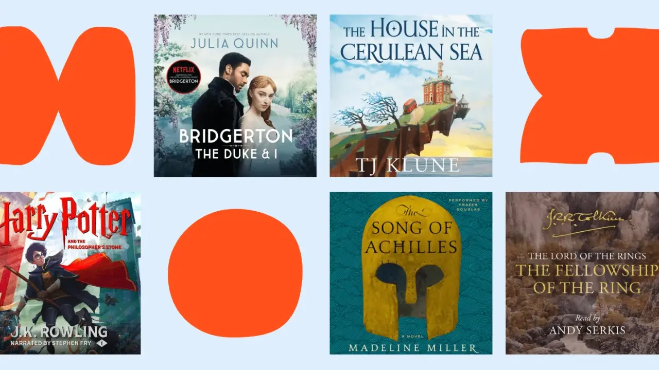 Kolekcja audiobooków po angielsku z tekstem: "Bridgerton", "Harry Potter", "The House in the Cerulean Sea", "The Song of Achilles", "The Fellowship of the Ring".