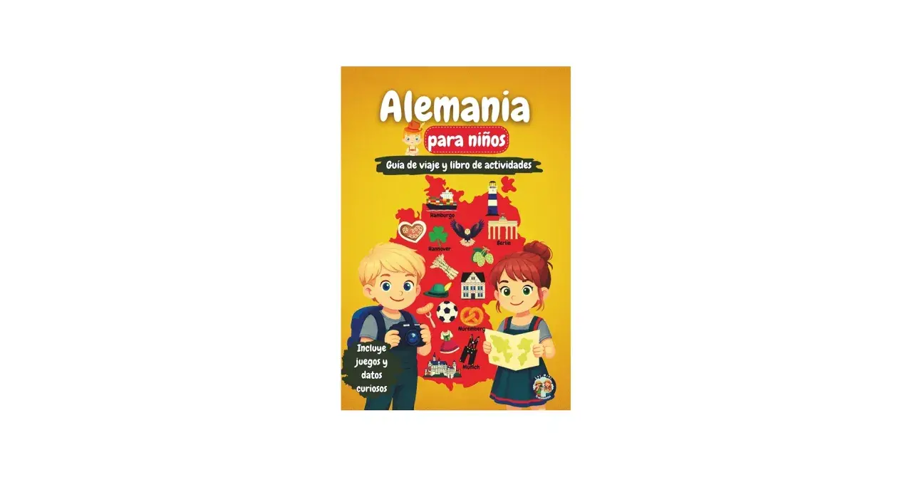 Un libro ilustrado sobre Alemania para niños, con un mapa y dibujos de atracciones. ¡Una aventura divertida para explorar Alemania con niños!