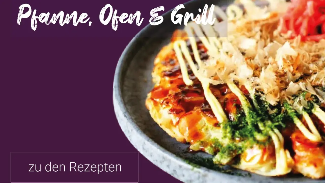 Leckere japanische Rezepte für Pfanne, Ofen & Grill. Ein Okonomiyaki mit Toppings.
