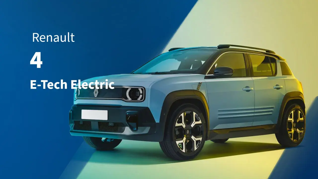 El nuevo coche eléctrico grande Renault 4 E-Tech Electric, con su diseño moderno y futurista, se presenta sobre un fondo degradado de azul a amarillo.