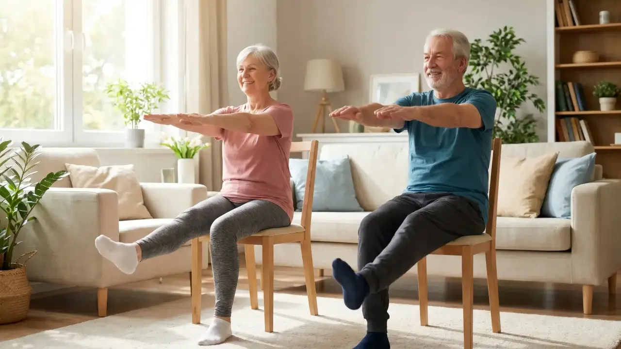 Uśmiechnięci seniorzy wykonują zestaw ćwiczeń dla seniorów w domu, siedząc na krzesłach i unosząc nogi.