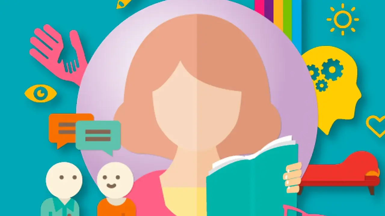 Ilustración sobre apoyo y comprensión para el trastorno específico del aprendizaje, con iconos de ayuda, comunicación y aprendizaje.