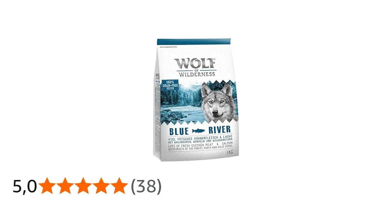 Sac de croquettes Wolf of Wilderness "Blue River" pour chien, sans céréales, avec un loup sur fond de rivière. Avis 5 étoiles.