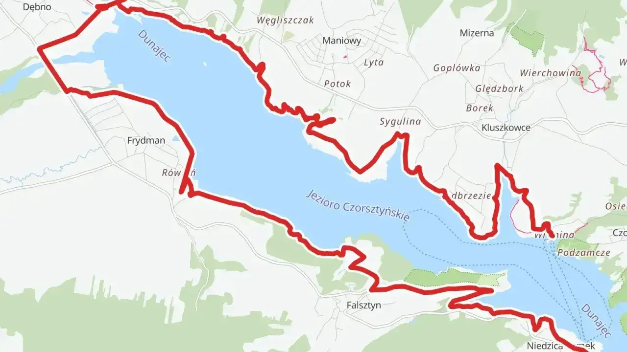 Trasa rowerowa wokół Jeziora Czorsztyńskiego, wzdłuż Dunajca. Widoczna pętla rowerowa, nazwy miejscowości: Frydman, Maniowy, Kluszkowce, Niedzica.