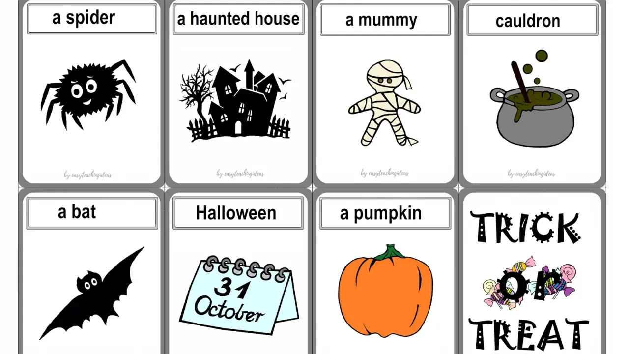 Karty z obrazkami: pająk, nawiedzony dom, mumia, kociołek, nietoperz, kalendarz z datą 31 października, dynia i napis "Trick or Treat". Idealne do nauki halloween słówka po angielsku.