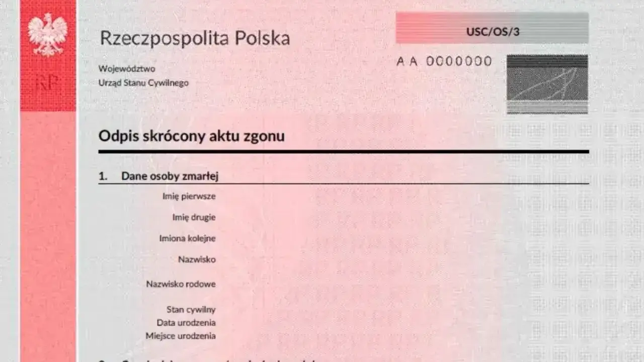 Fragment oficjalnego dokumentu, skrócony akt zgonu, zawiera dane zmarłej osoby i czas zgonu.