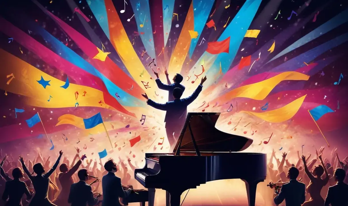 En orkester spelar vid en flygel, publiken jublar under färgsprakande banderoller och noter. En hyllning till svenska eurovision vinnare.